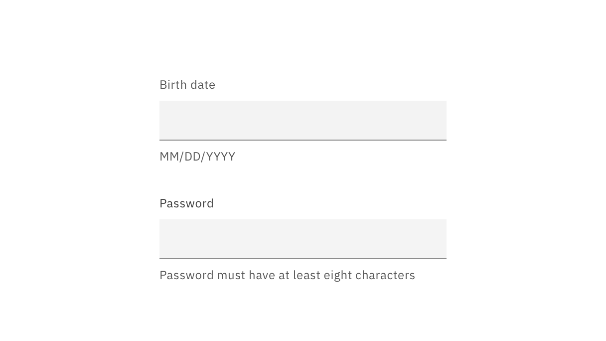 Birth date input field followed by 'MM/DD/YYYY' and Password input field followed by 'Password must have at least eight characters'
