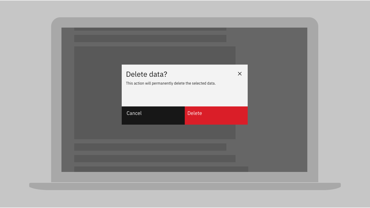 modal dialog titled 'delete data?' followed by text 'this action will permanently delete the selected data' with cancel button and delete button
