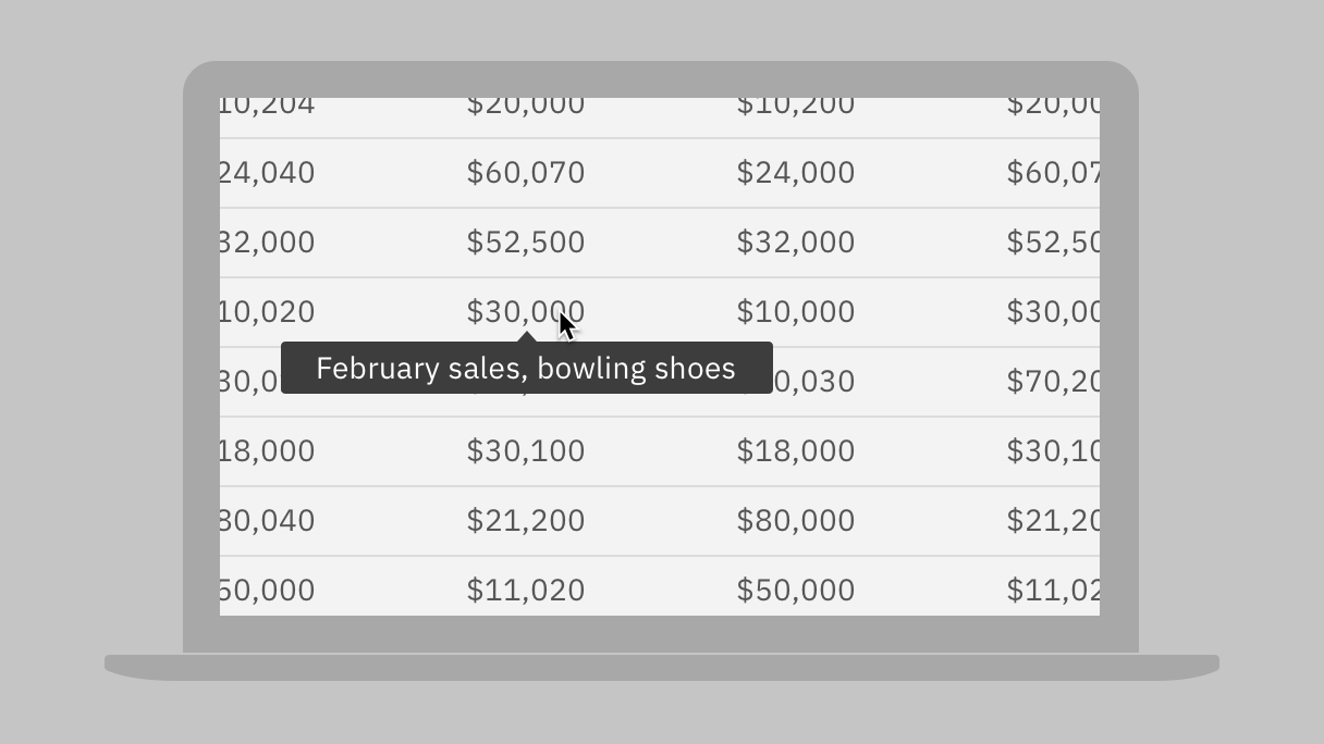 cursor hovering over a numeric cell on a magnified data table with tooltip content 'february sales, bowling shoes'