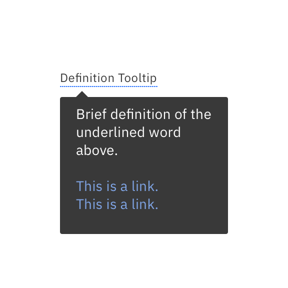 Bad example: text 'Definition Tooltip' trigger is identified by blue, dashed underline that on hover displays text 'Brief definition of the underlined word above', followed by two links 'This is a Link.', 'This is a Link.'