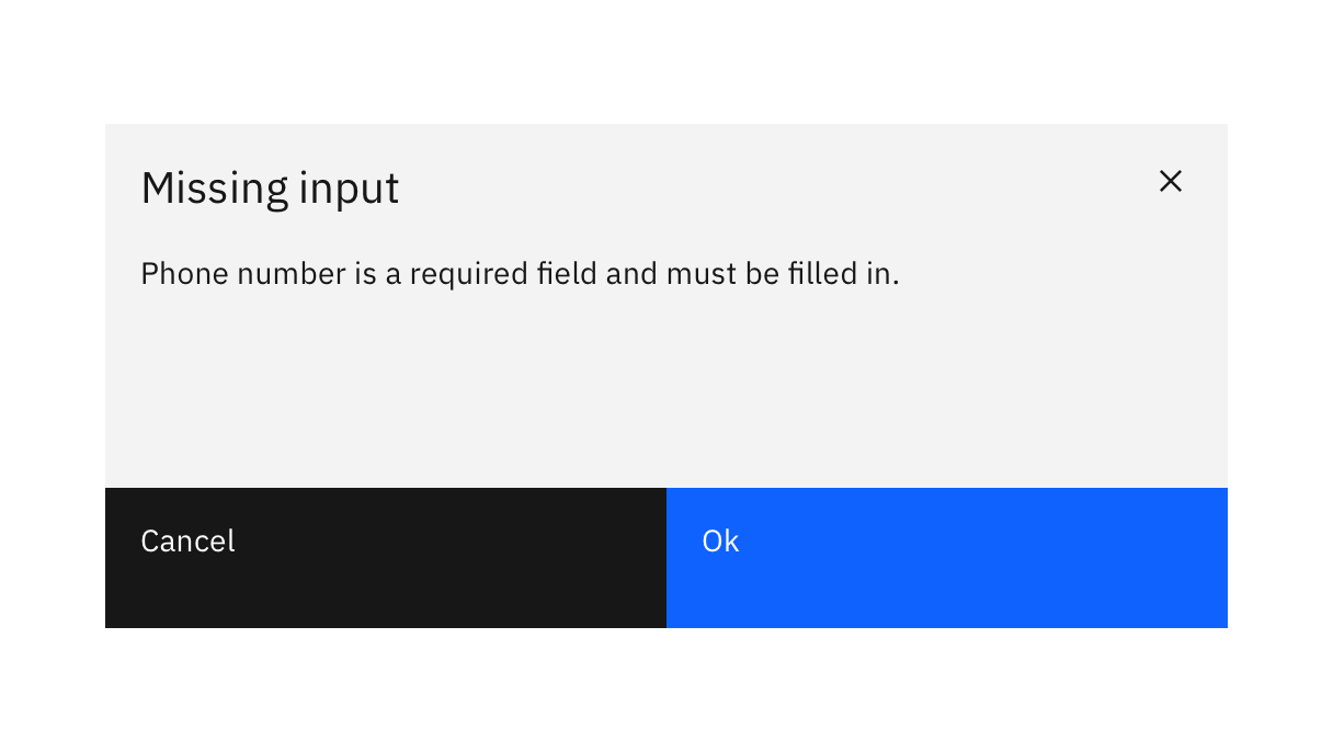 a modal dialog titled 'Missing input' with text 'Phone number is a required field and must be filled in'